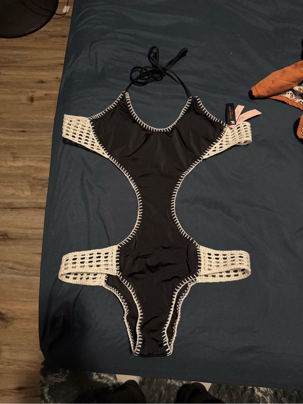 Victoria's Secret Black One-Piece Swimsuit with White Crochet Trim - Picture 3 of 9
